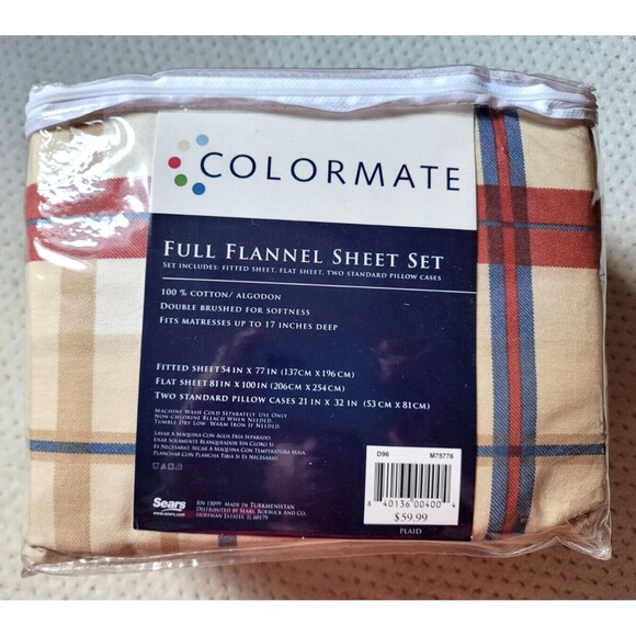 NEW Colormate FULL Flannel Sheet Set Pillowcases Flat 100% Cotton PLAID CHECK - Picture 2 of 6